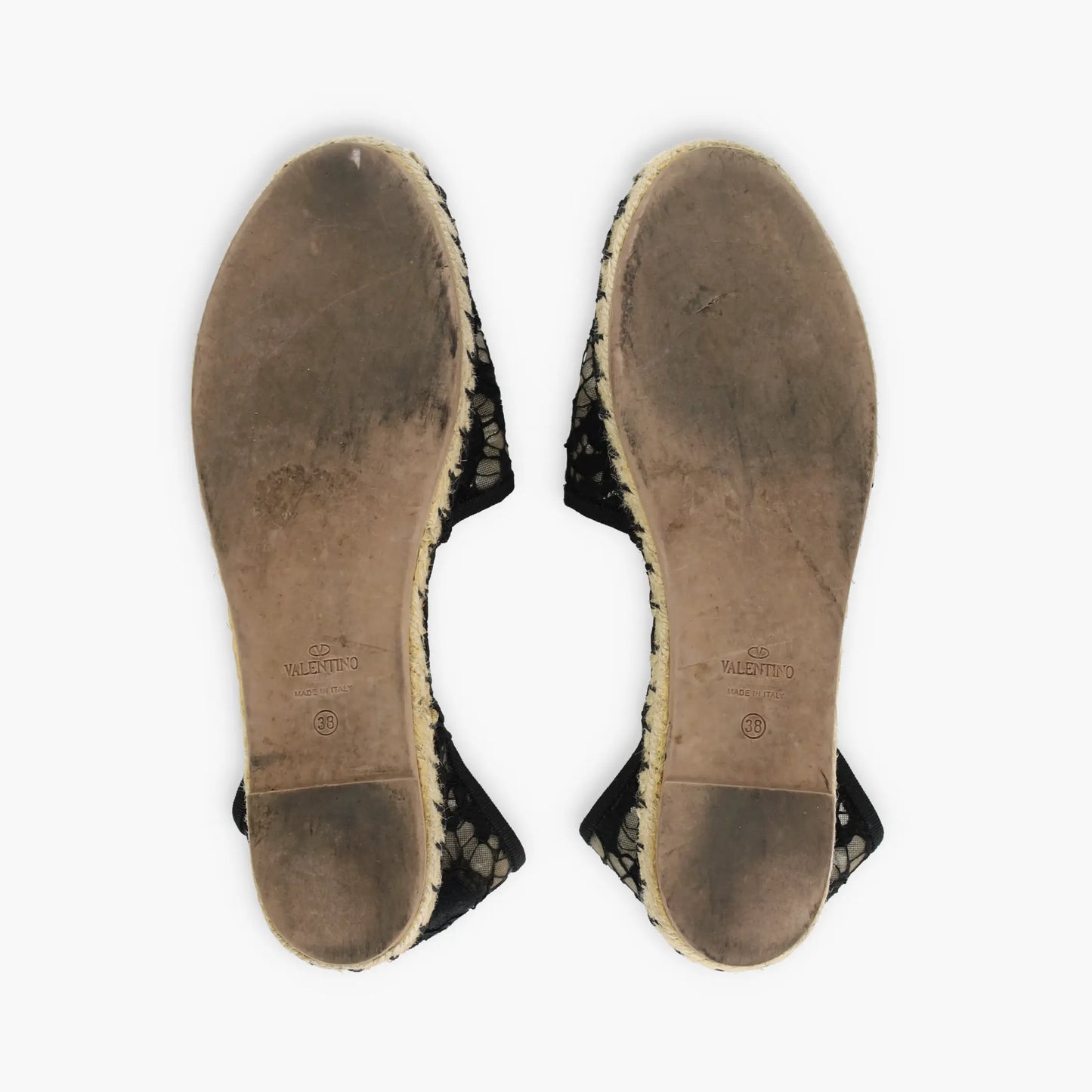 VALENTINO GARAVANI Black Lace & Beige Mesh Ankle Tie Espadrille Flats (38)