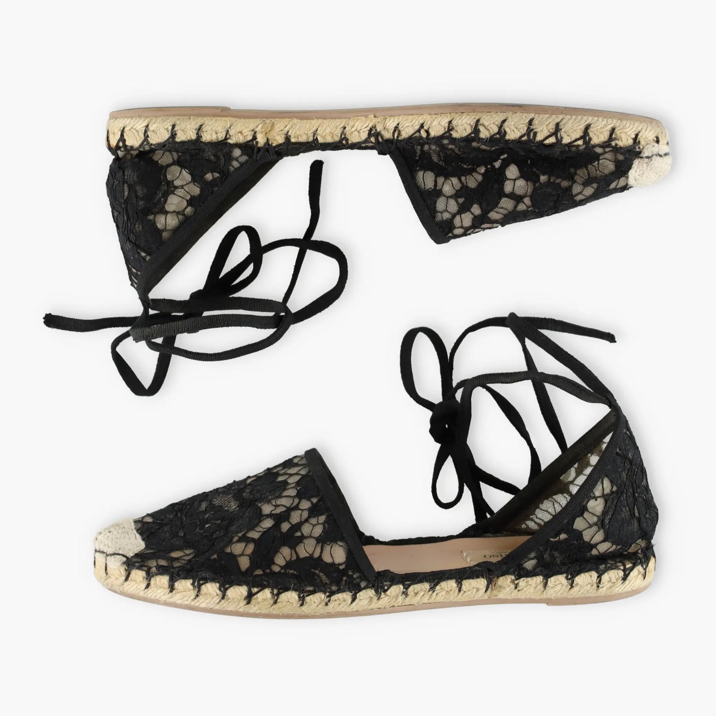 VALENTINO GARAVANI Black Lace & Beige Mesh Ankle Tie Espadrille Flats (38)