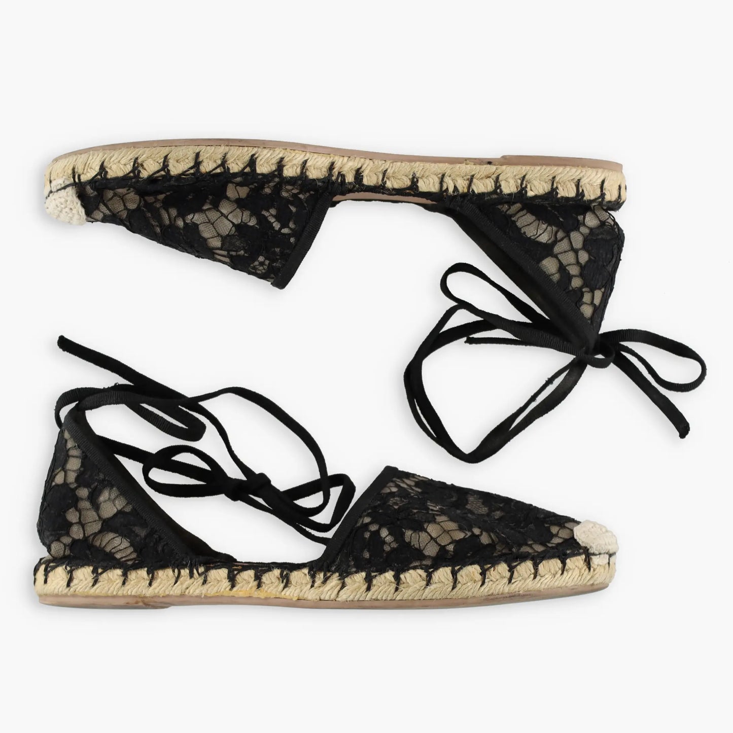 VALENTINO GARAVANI Black Lace & Beige Mesh Ankle Tie Espadrille Flats (38)
