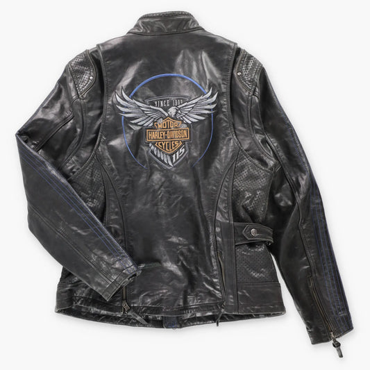 HARLEY DAVIDSON 115th Anniversary Embroidered Logo Patch Black Leather Jacket (Women's L-XL)