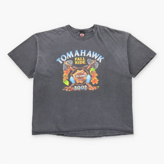 Vintage 2002 HARLEY DAVIDSON Tomahawk Fall Ride Faded Black Tee (XXXL)