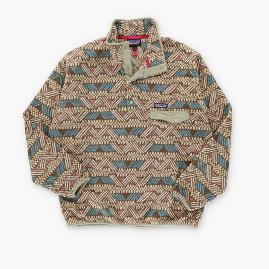 PATAGONIA 'Synchilla' Beige & Blue Aztec 1/4 Snap Fleece Sweatshirt (L)