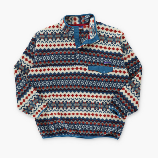 PATAGONIA 'Synchilla' Brick Red & Blue Aztec Cliff 1/4 Snap Fleece Sweatshirt (XL-XXL)