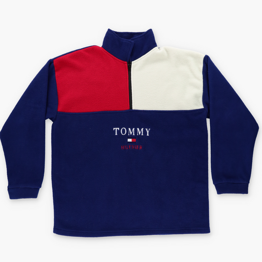 BOOTLEG TOMMY HILFIGER Embroidered Spell Out Tri Colour 1/4 Zip Fleece Sweatshirt (XL-XXL)