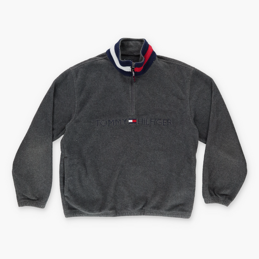TOMMY HILFIGER 90s Spell Out Logo Striped COLLAR 1/4 Zip Grey Fleece Sweatshirt (L)