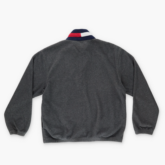 TOMMY HILFIGER 90s Spell Out Logo Striped COLLAR 1/4 Zip Grey Fleece Sweatshirt (L)