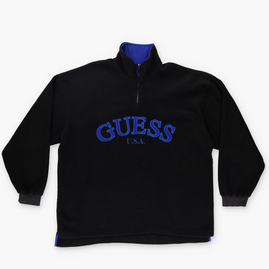 GUESS 'Classics' Blue Embroidered Spell Out Logo Black 1/4 Zip Fleece Jumper (XL)