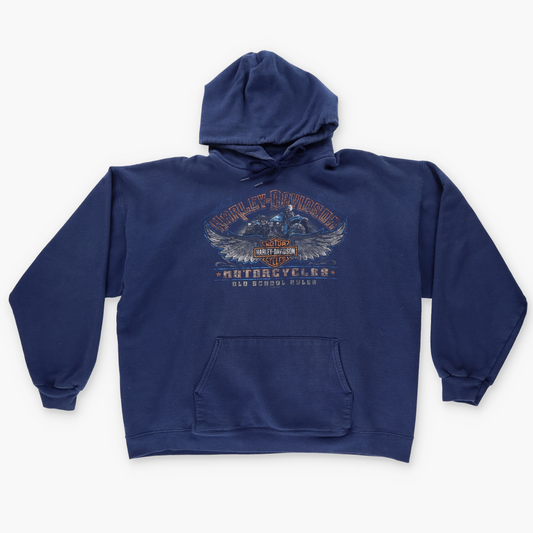 HARLEY DAVIDSON 'Old School Rules' Double Sided Navy Hooded Sweatshirt (L)