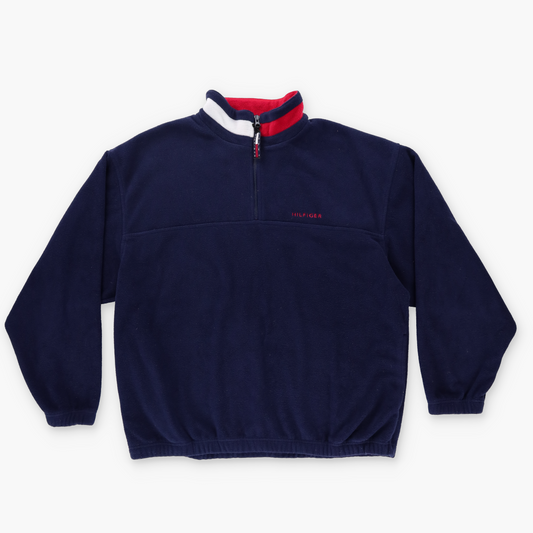 TOMMY HILFIGER 90s Stripe Collar Embroidered Logo 1/4 Zip Fleece Sweatshirt (XL)