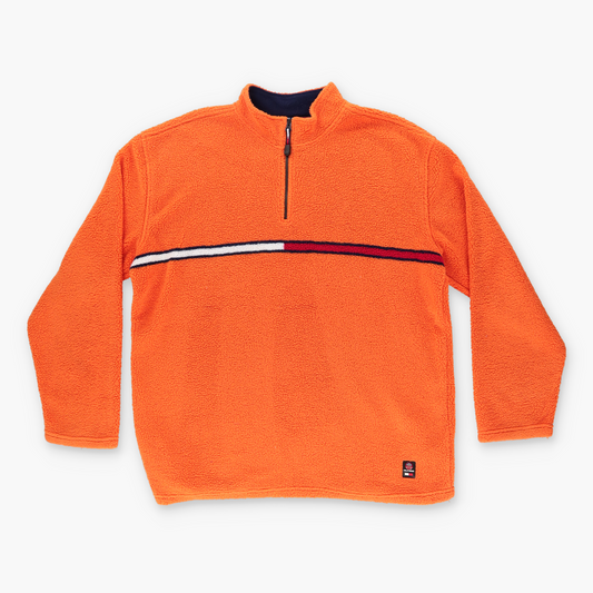 TOMMY HILFIGER 'Cold Stop' Logo Stripe Orange 1/4 Zip Fleece Sweatshirt (XL)