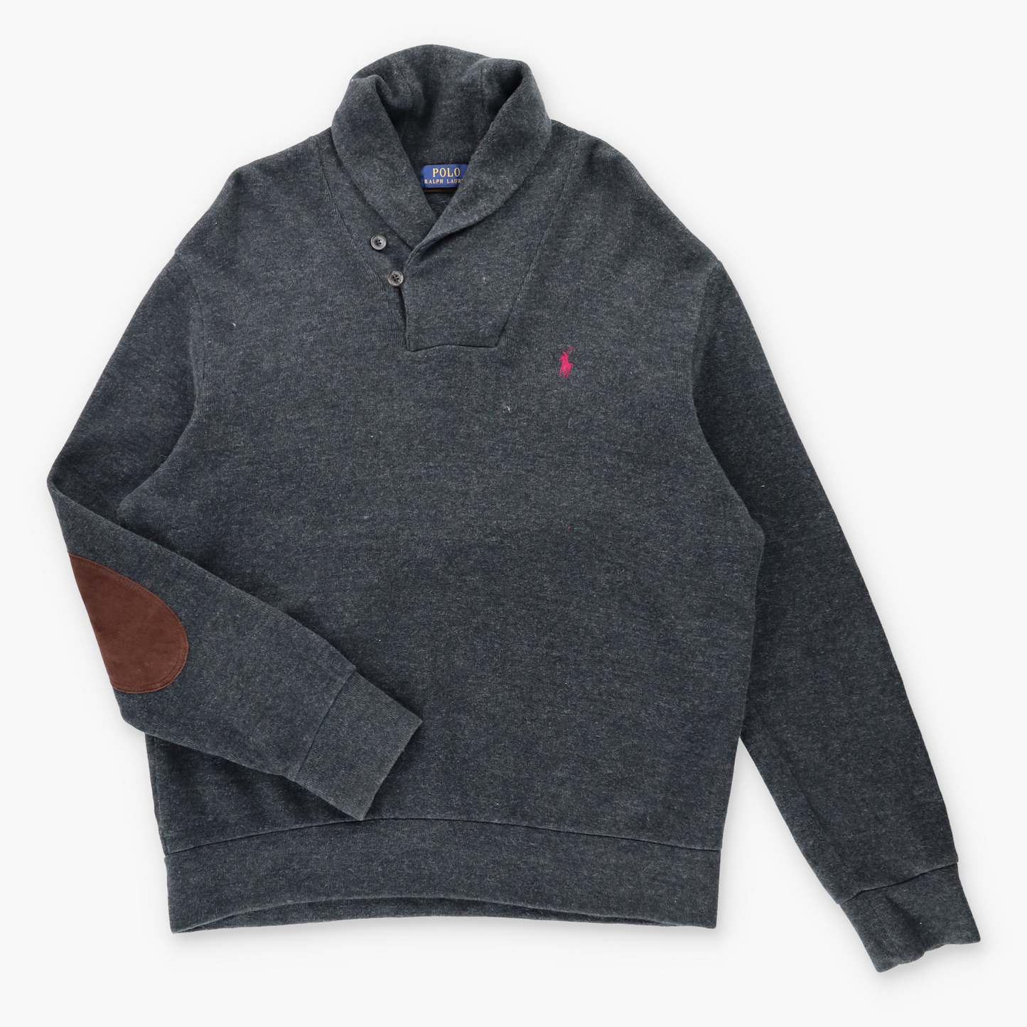 Vintage POLO RALPH LAUREN Shawl Neck Button Embroidered Suede Elbow Grey Sweatshirt (XL) *Aubs Vintage Sole Melbourne