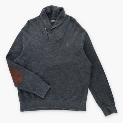 Vintage POLO RALPH LAUREN Shawl Neck Button Embroidered Suede Elbow Grey Sweatshirt (XL) *Aubs Vintage Sole Melbourne