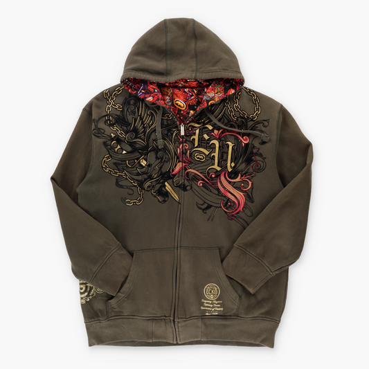 ECKO UNLTD Y2K 'Rawthentic' Bedazzled Sword Chain Grunge Brown Sweatshirt (XL)