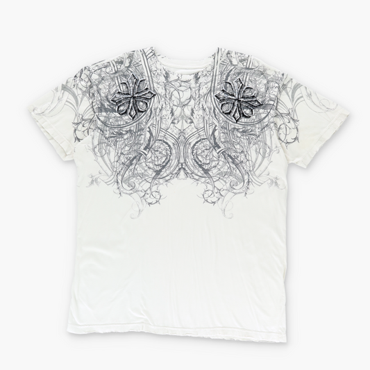 AFFLICTION Y2K Spell Out Logo Distressed Hem Gothic White Tee (XL)