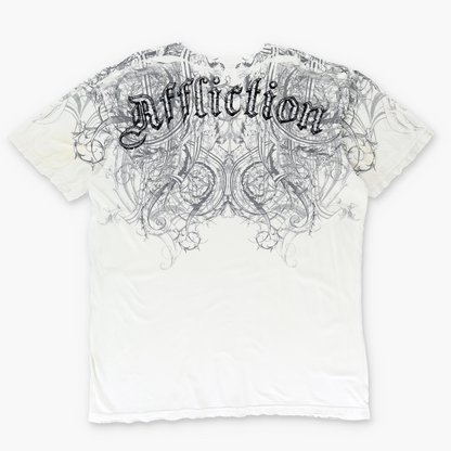 AFFLICTION Y2K Spell Out Logo Distressed Hem Gothic White Tee (XL)