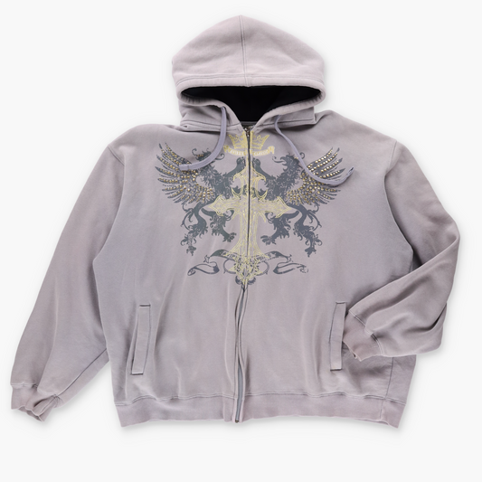 AVIREX Y2K Gold Cross Wing Bedazzled Zip Up Hoodie Sweatshirt (XXL-XXXL)