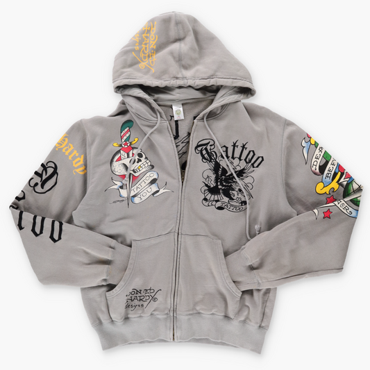ED HARDY Y2K 'Tattoo' Embroidered Skull Grunge Grey Sweatshirt (XXL)