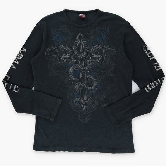 MMA ELITE Y2K Serpent Cross Grunge Long Sleeve Black Thermal Tee (L)