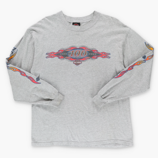 HARLEY DAVIDSON Y2K 100 Year Anniversary Motorcycle Flame Grey Long Sleeve Tee (L)