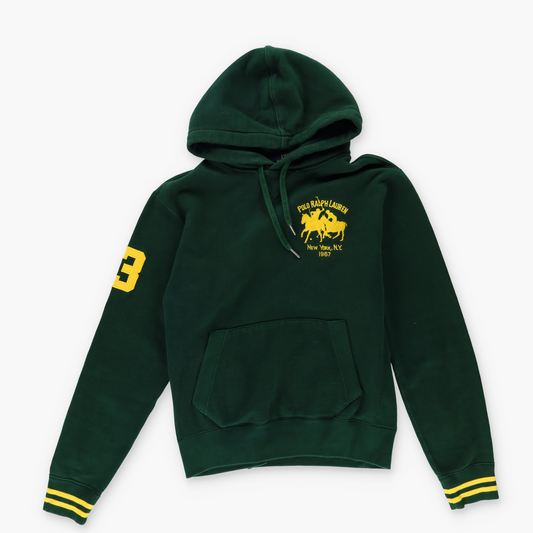 RALPH LAUREN POLO #3 Yellow Embroidered Green Hooded Sweatshirt (M)