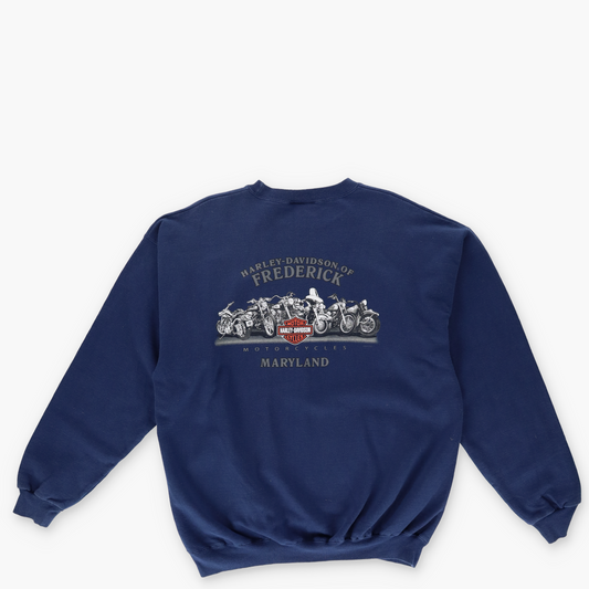 HARLEY DAVIDSON Fredrick Maryland Navy Double Sided Graphic Sweatshirt (L-XL)