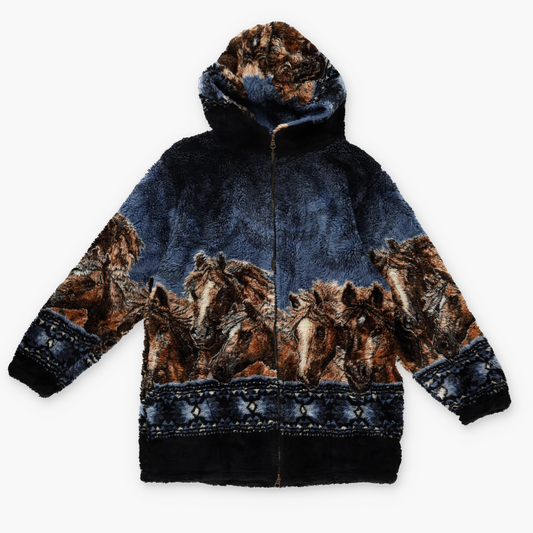 MAZMANIA 'USA Made' Horse All Over Graphic Zip Up Hooded Fleece Jacket (L)