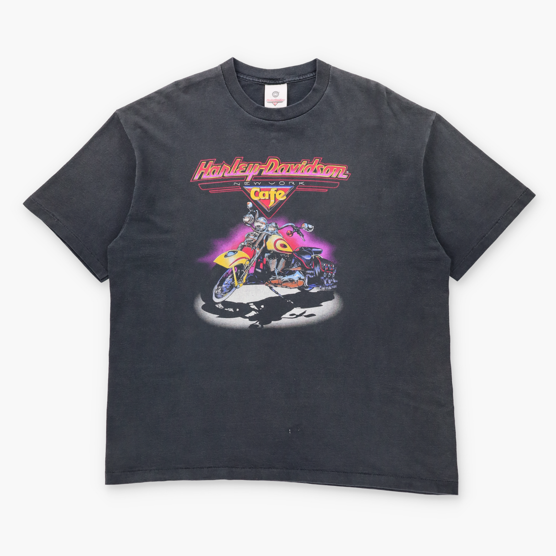 Vintage HARLEY DAVIDSON New York Cafe Retro Graphic USA Made Single Stitch Faded Black Tee (XXL) ***COCO Vintage Sole Melbourne