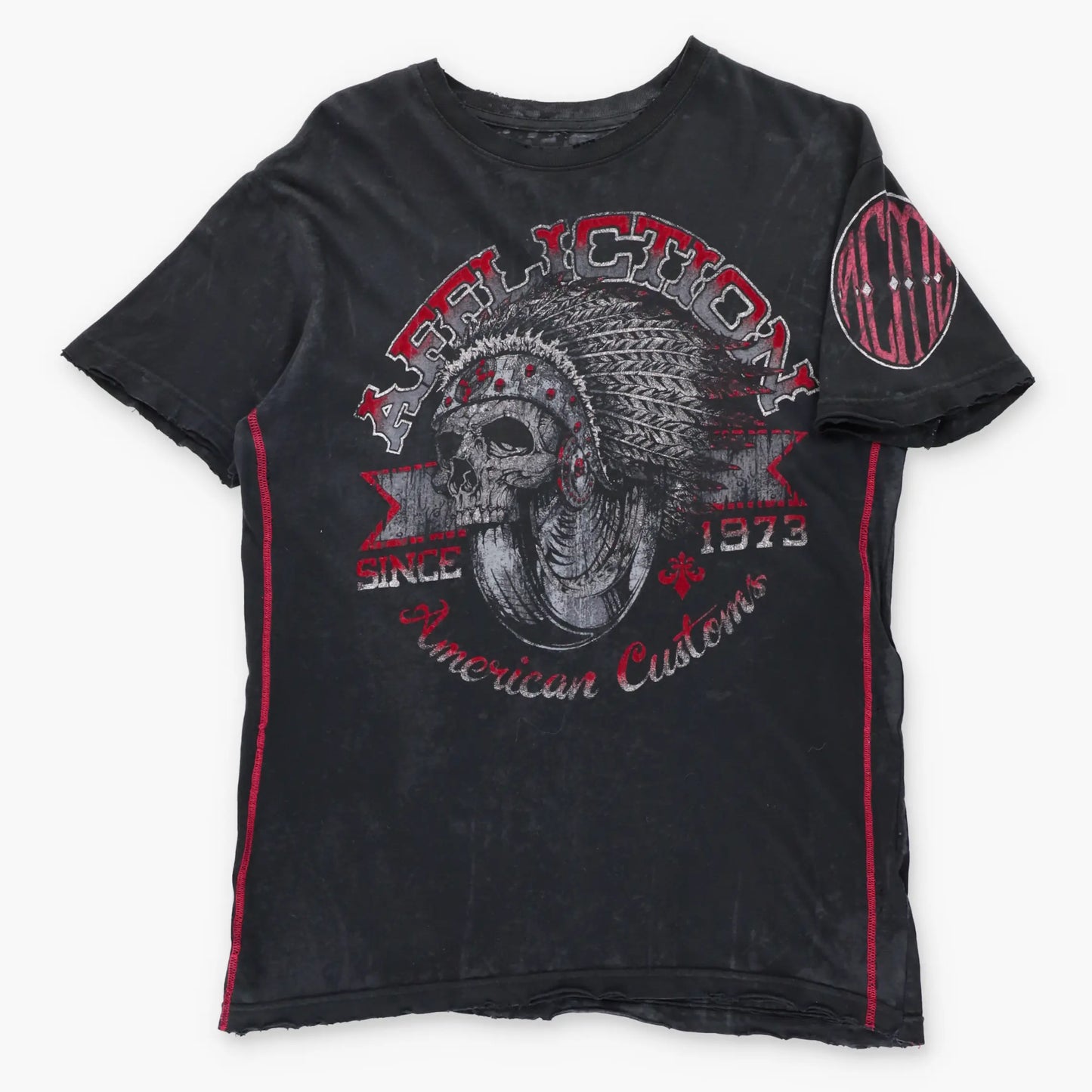 Vintage AFFLICTION 'American Customs' Wheel & Headdress Skull Velvet Detail Black Tee USA Made (M)
