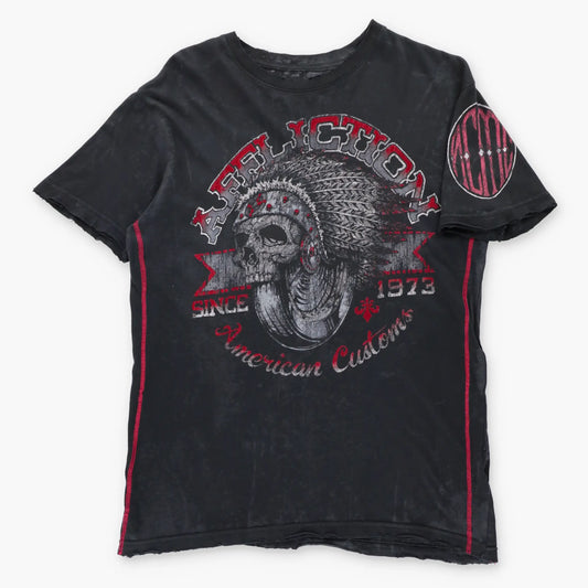 Vintage AFFLICTION 'American Customs' Wheel & Headdress Skull Velvet Detail Black Tee USA Made (M)