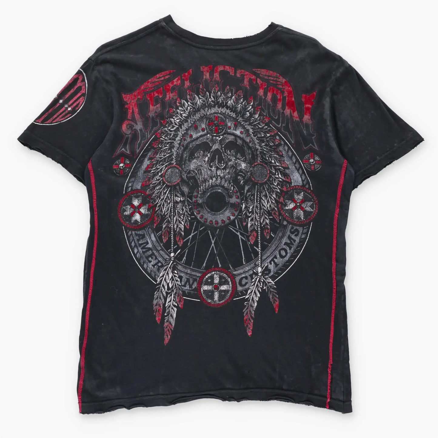 Vintage AFFLICTION 'American Customs' Wheel & Headdress Skull Velvet Detail Black Tee USA Made (M)