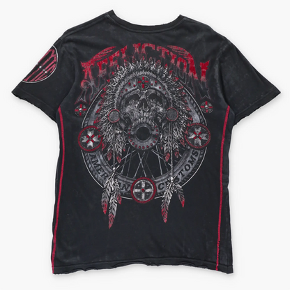 Vintage AFFLICTION 'American Customs' Wheel & Headdress Skull Velvet Detail Black Tee USA Made (M)