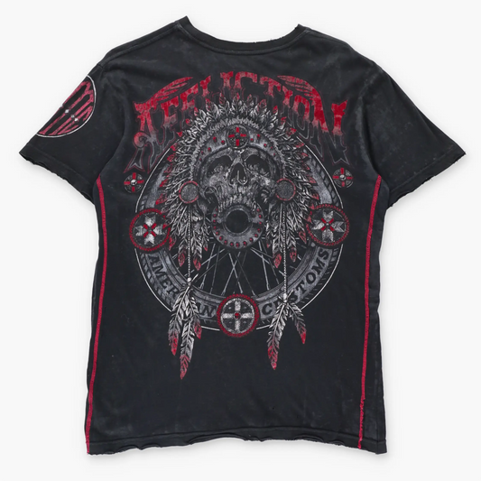 Vintage AFFLICTION 'American Customs' Wheel & Headdress Skull Velvet Detail Black Tee USA Made (M)