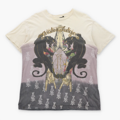 Vintage CHRISTIAN AUDIGIER Double Panther Embellished Cream & Grey Y2K T-Shirt USA Made (XL-XXL)