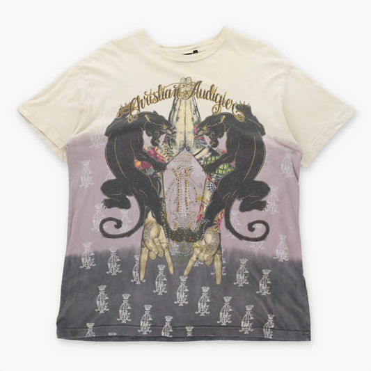 Vintage CHRISTIAN AUDIGIER Double Panther Embellished Cream & Grey Y2K T-Shirt USA Made (XL-XXL)
