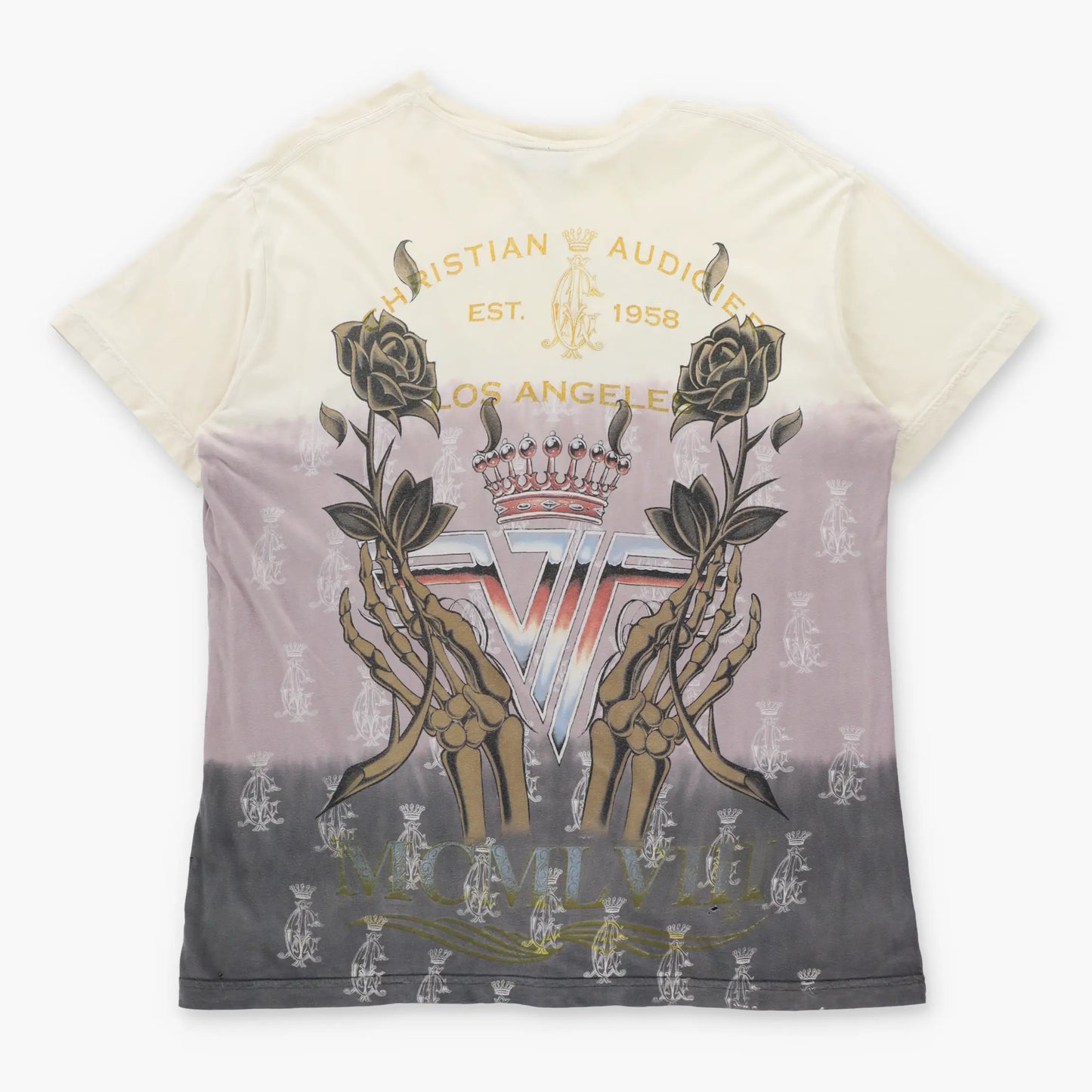 Vintage CHRISTIAN AUDIGIER Double Panther Embellished Cream & Grey Y2K T-Shirt USA Made (XL-XXL)