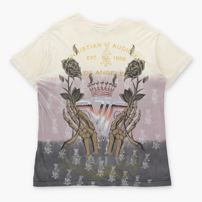 Vintage CHRISTIAN AUDIGIER Double Panther Embellished Cream & Grey Y2K T-Shirt USA Made (XL-XXL)
