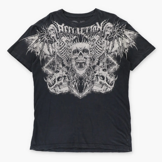 AFFLICTION Grim Reaper Skeleton & Spell Out Logo Vintage Y2K Black T-Shirt (XL TALL)