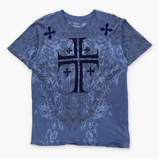 AFFLICTION Vintage Y2K Blue All Over Print Velvet Detail Cross USA Made T-Shirt (M)