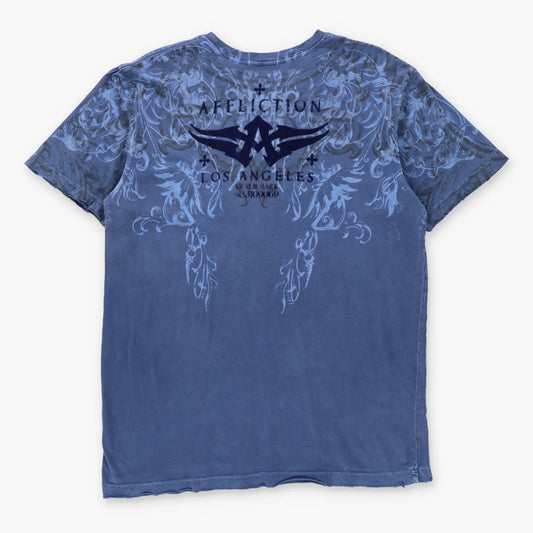 AFFLICTION Vintage Y2K Blue All Over Print Velvet Detail Cross USA Made T-Shirt (M)