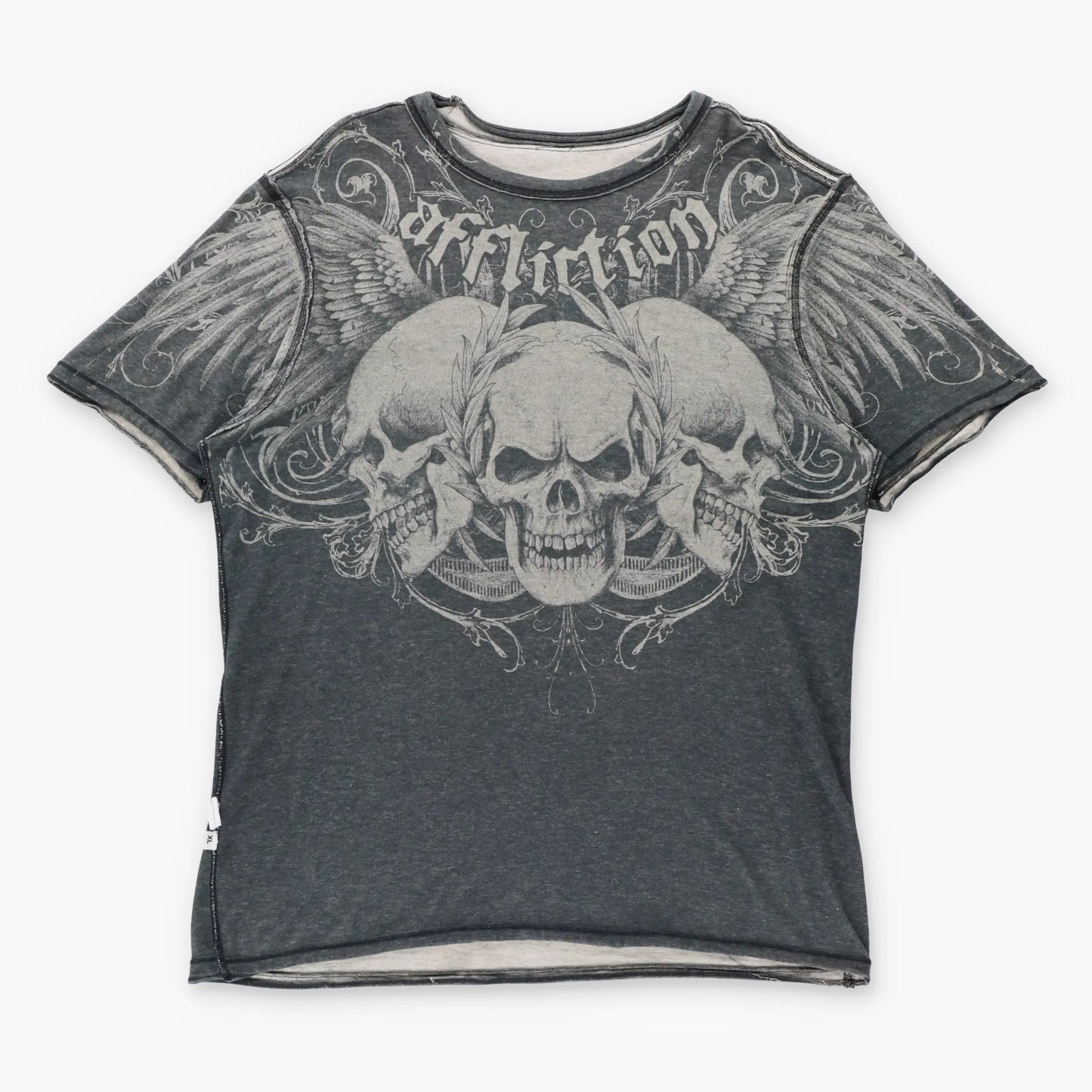 Vintage AFFLICTION Grey Reversible Y2K Wings & Laurel Skull Tee (XL)