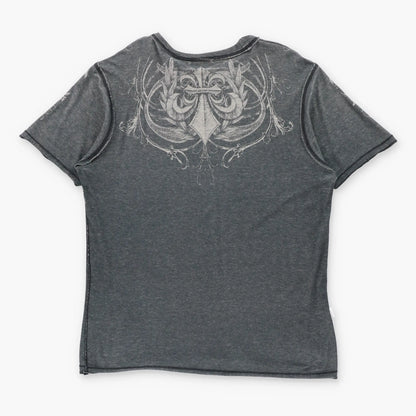 Vintage AFFLICTION Grey Reversible Y2K Wings & Laurel Skull Tee (XL)
