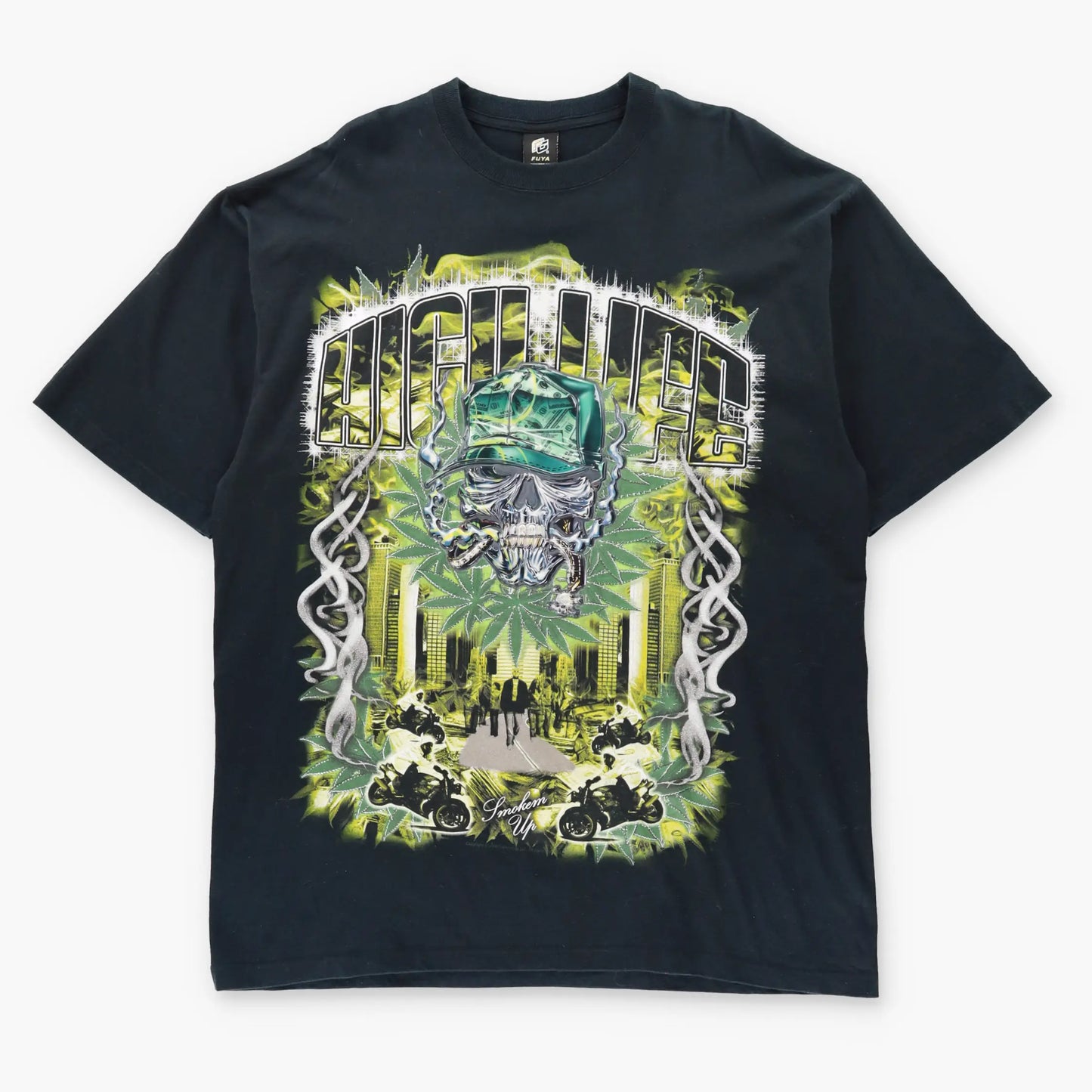 Vintage FUYA "High Life" 3D Skull & Glitter Smoke USA Made T-Shirt (XXL TALL)
