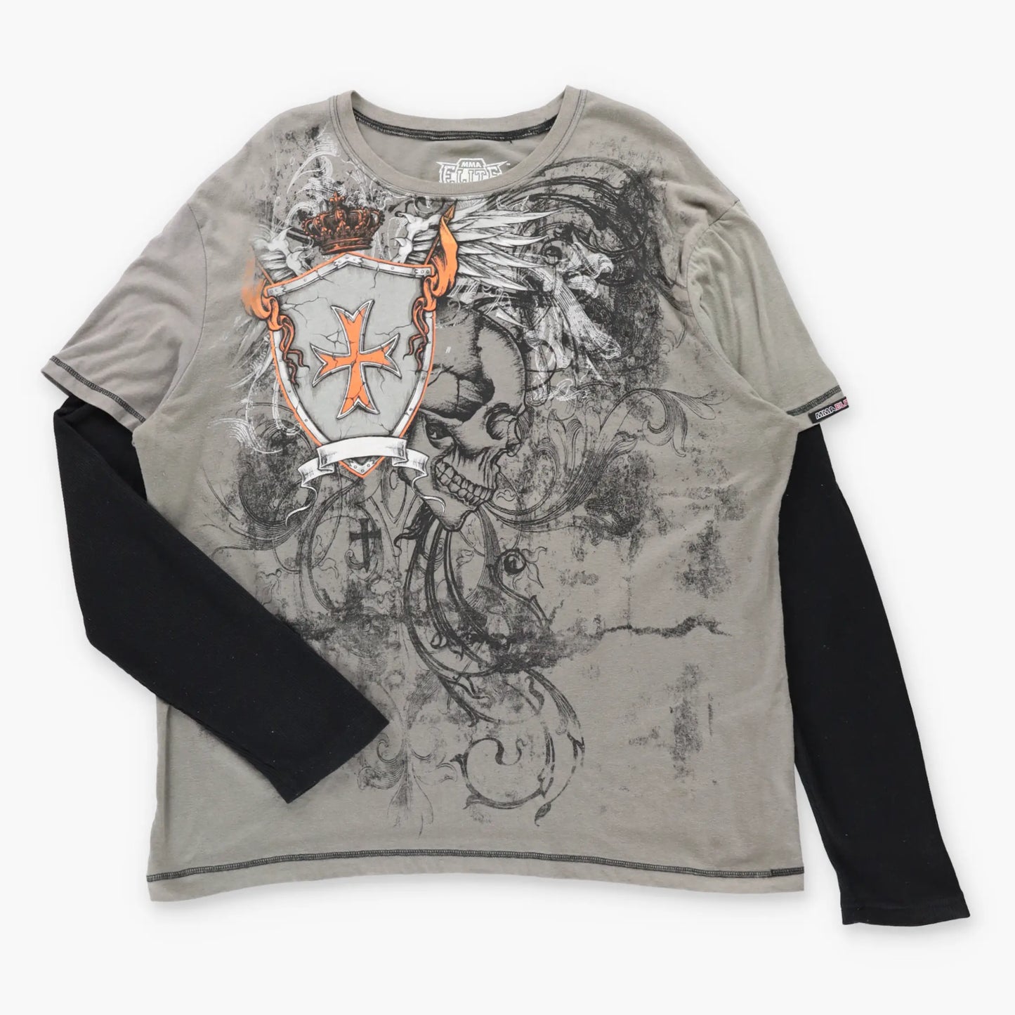 Vintage MMA ELITE Grey & Black Waffle Sleeve Y2K Long Sleeve Tee (XXL)