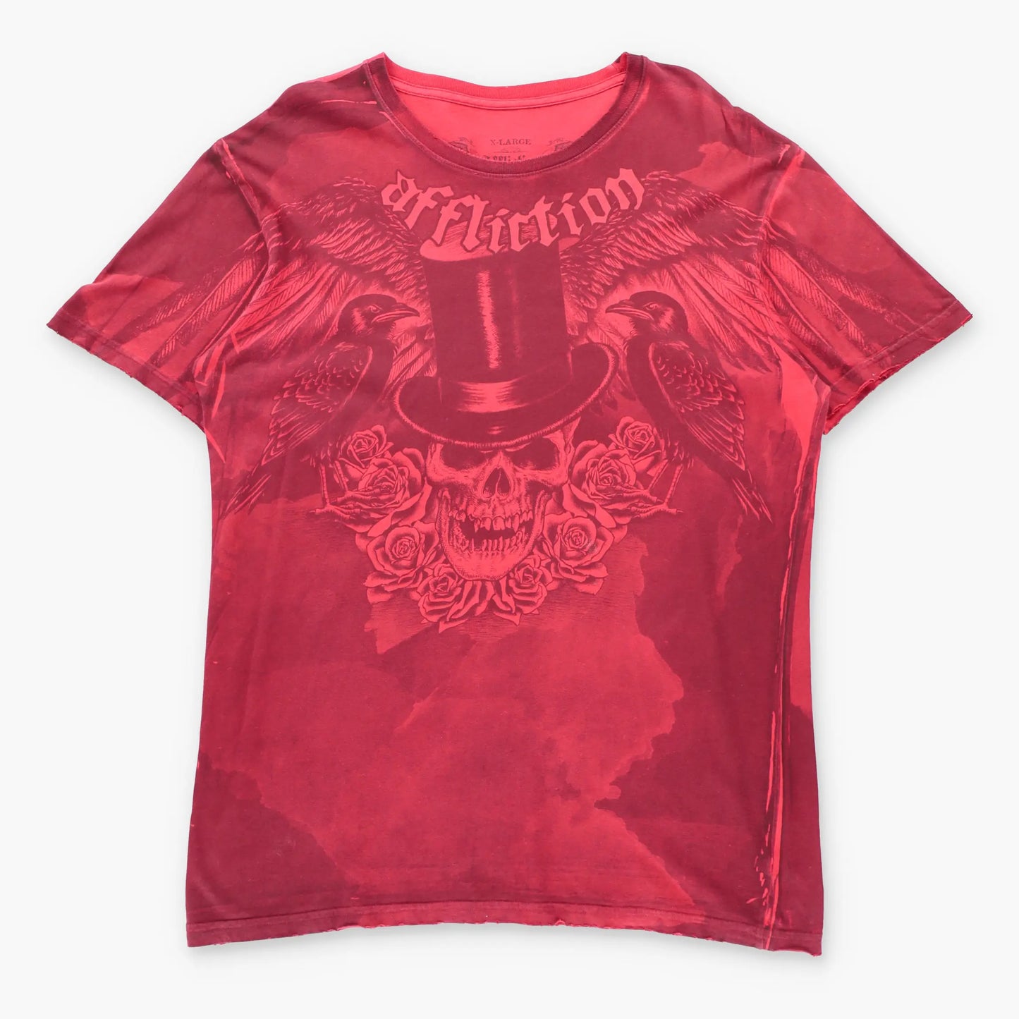 AFFLICTION Red Top Hat Skull & Crows Vintage Y2K USA Made T-Shirt (XL TALL)