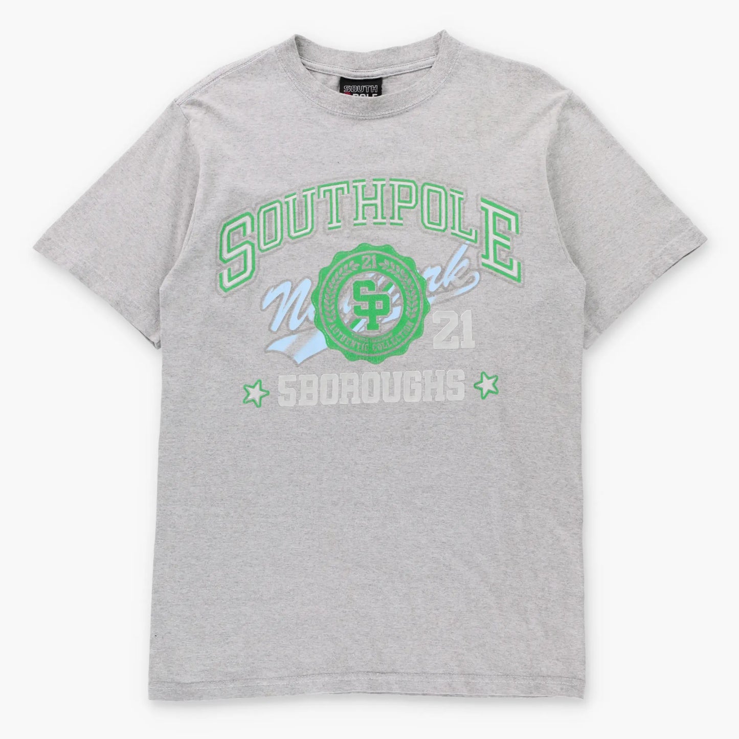 SOUTHPOLE New York Boroughs Glitter Graphic Vintage Y2K Grey T-Shirt (L TALL)