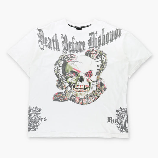 Vintage RUFF RYDERS "Death Before Dishonor" Embroidered Wings Embellished White Y2K Tee (XXL)