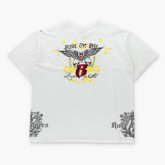 Vintage RUFF RYDERS "Death Before Dishonor" Embroidered Wings Embellished White Y2K Tee (XXL)