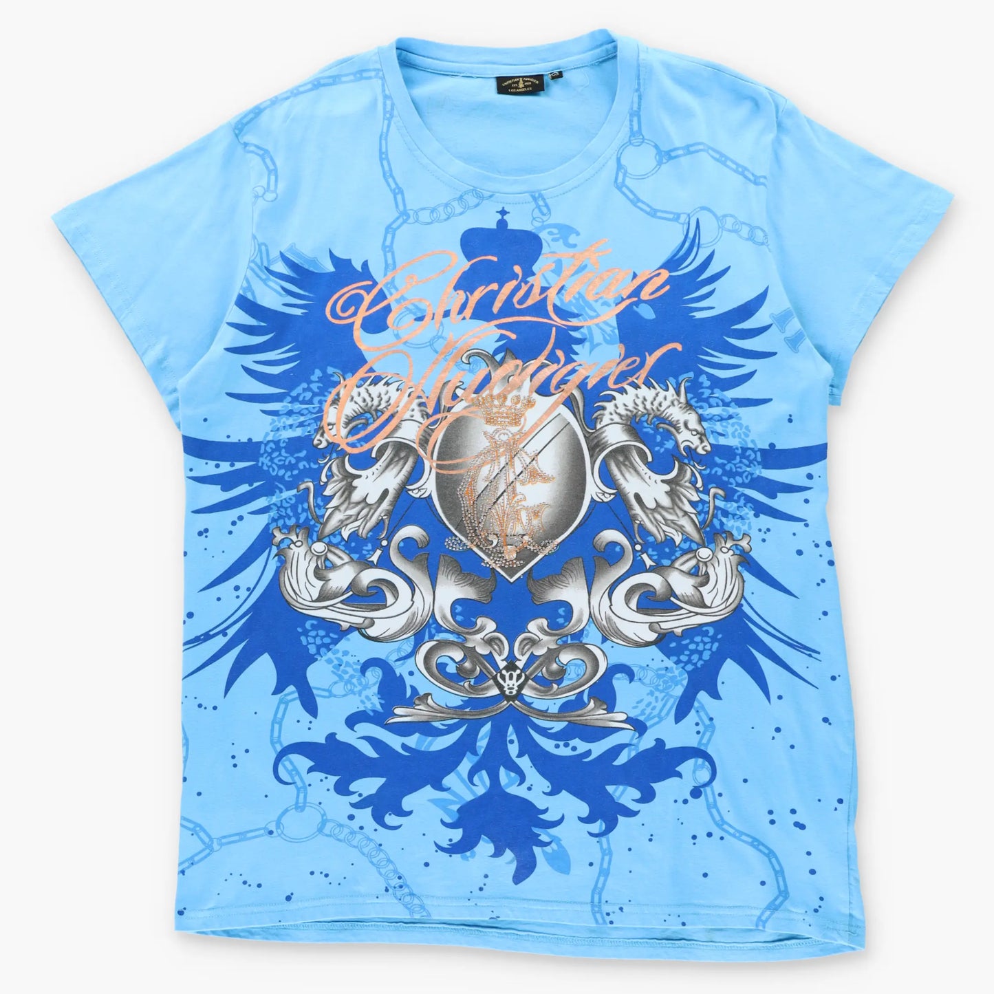 Vintage CHRISTIAN AUDIGIER Embellished Bright Blue & Gold Foil Y2K T-Shirt (XL)