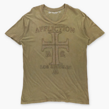 AFFLICTION 'Cut Series' Studded Cross & Wings Patch USA Made Khaki Green V-Neck Y2K Tee (XL TALL)