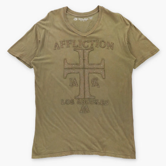 AFFLICTION 'Cut Series' Studded Cross & Wings Patch USA Made Khaki Green V-Neck Y2K Tee (XL TALL)